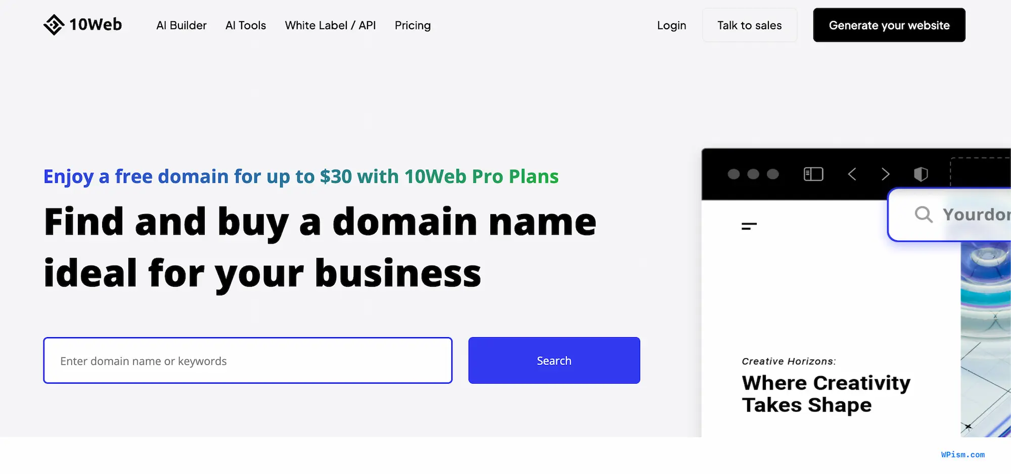 10Web Free Domain Name Main Deal page