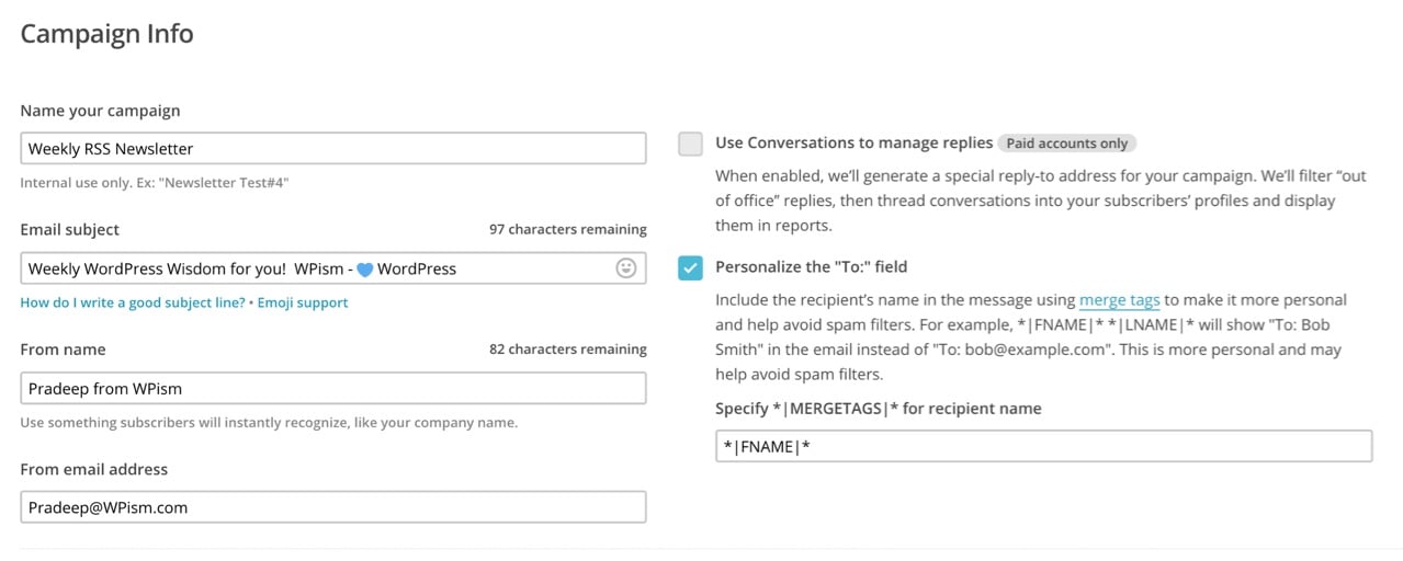 Campaign Inormation MailChimp RSS