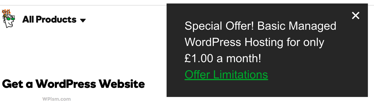 GoDaddy Managed WordPress Hosting Offer Coupon popup