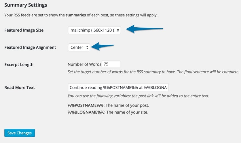 Send Images to RSS Plugin settings Summary