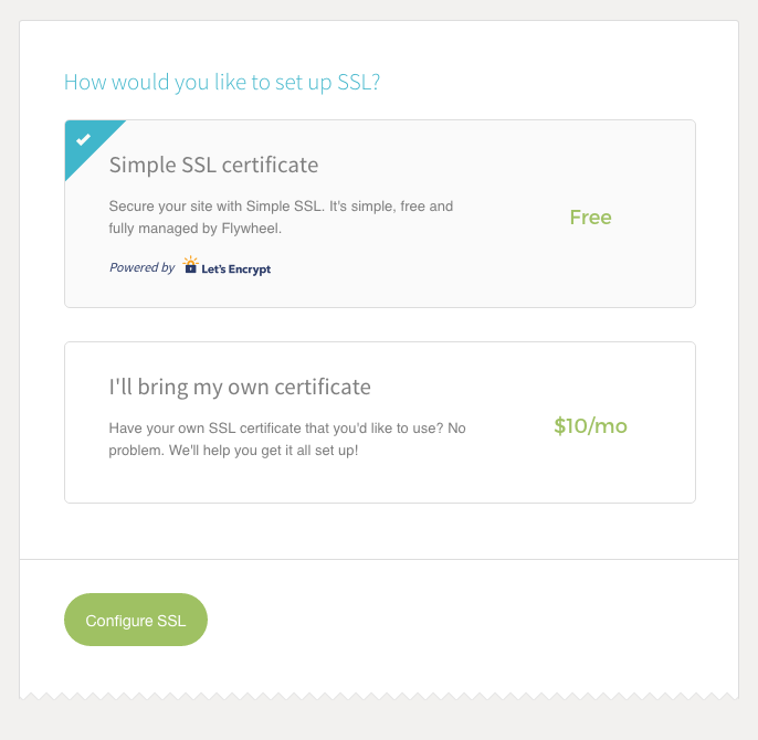 Simple SSL certificate Option Selected Flywheel SSL