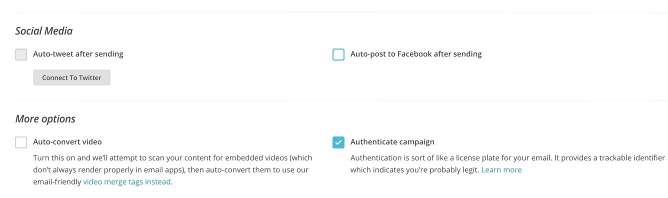 Social Media Options Campaing Settings Mailchimp RSS