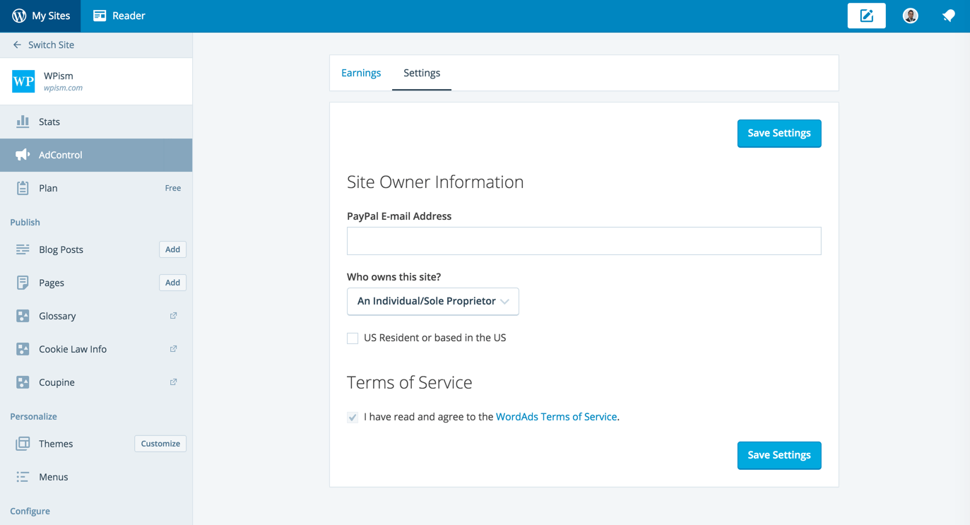 WordAds Plugin WordPress Settings