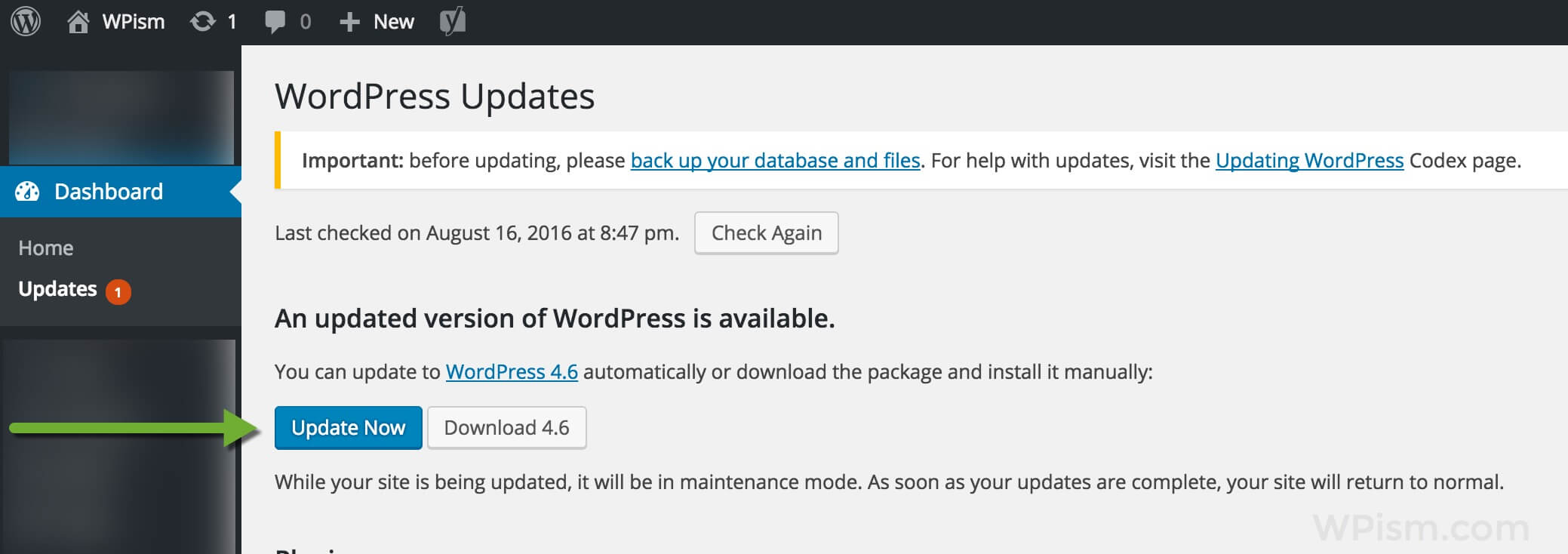 WordPress 4.6 Update Screen