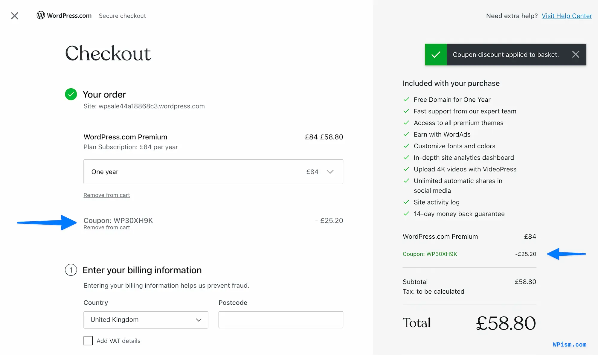 WordPress com coupon code applied successful proof