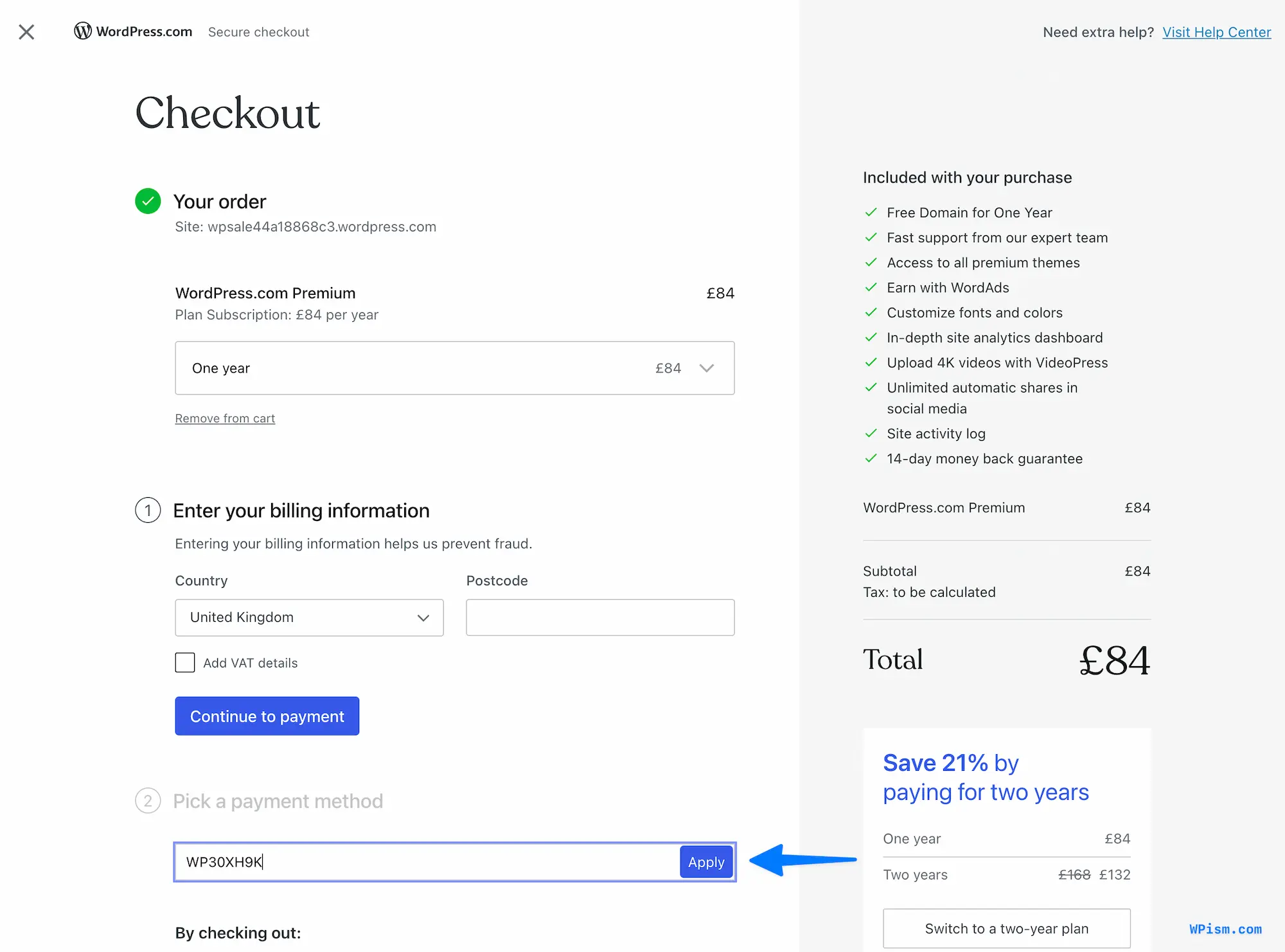WordPress.com Coupon Apply Page