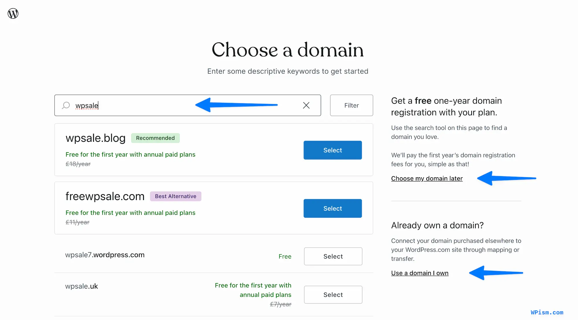 choose domain name free WordPress com offer